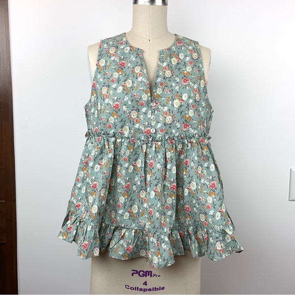 Ces Femme Cotton Ditsy Floral Print Ruffle Trim Babydoll Swing Tank Top Blouse - Picture 15 of 15